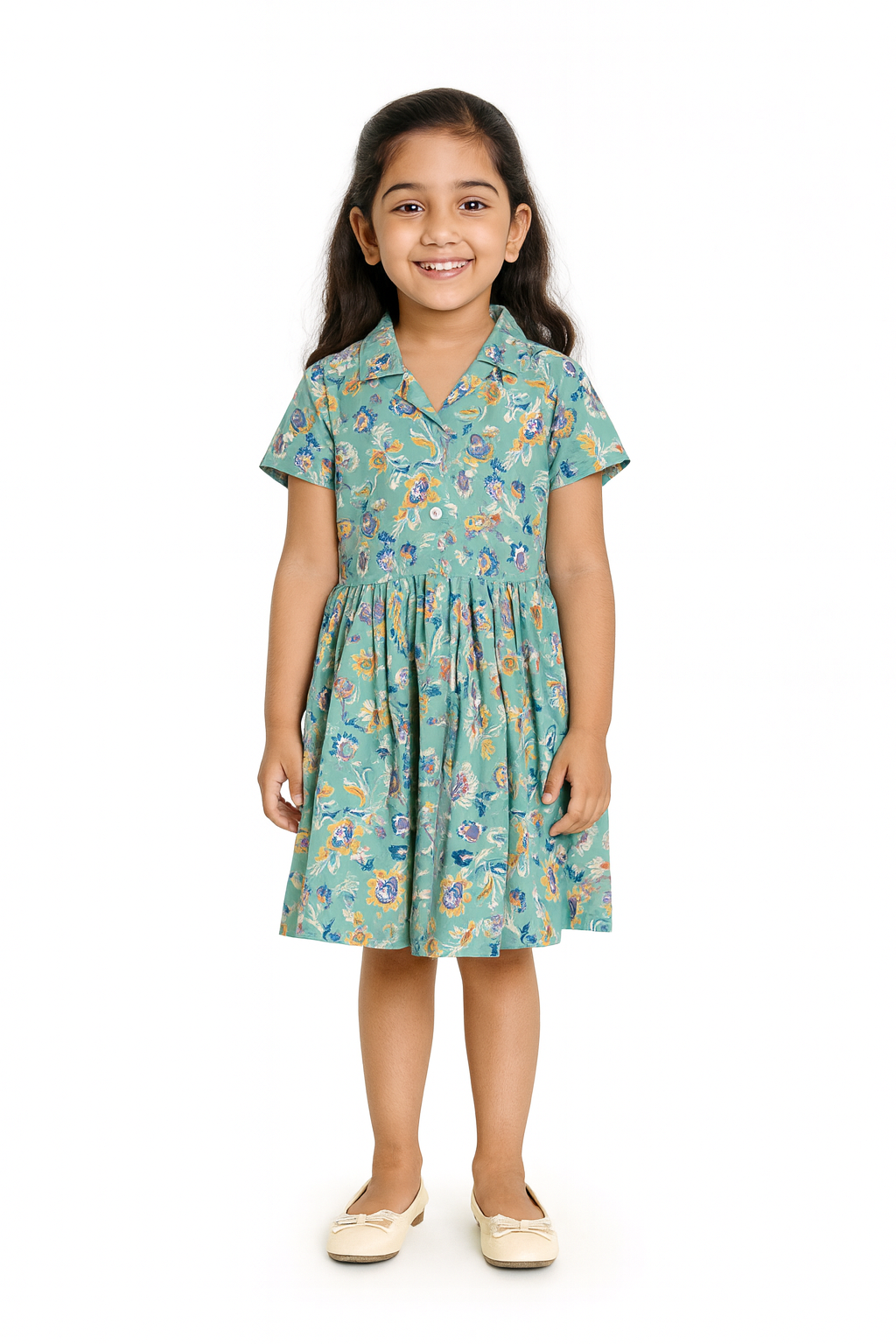"Girls Premium Cotton Dress | All-Over Floral Print | Collared Fit & Flare Style"