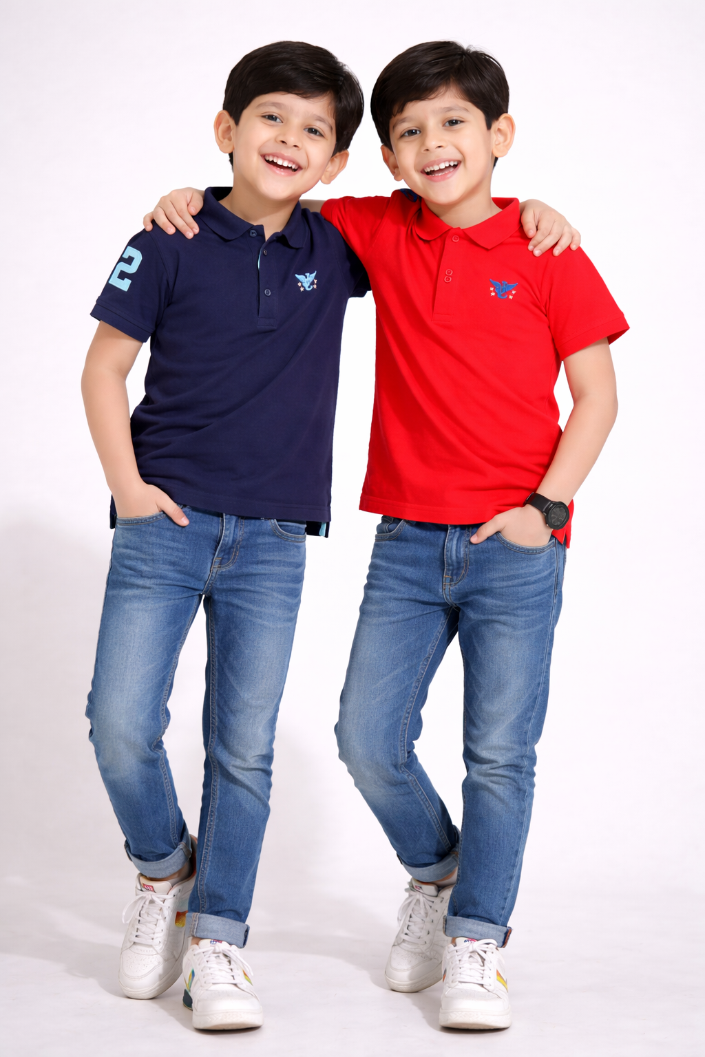 Boys' Pack of 2 Polo T-Shirts – Red & Navy with Embroidered Logo