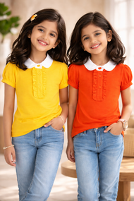 Girls Cotton Collared Top with Ruffle Button Placket – Yellow & Orange