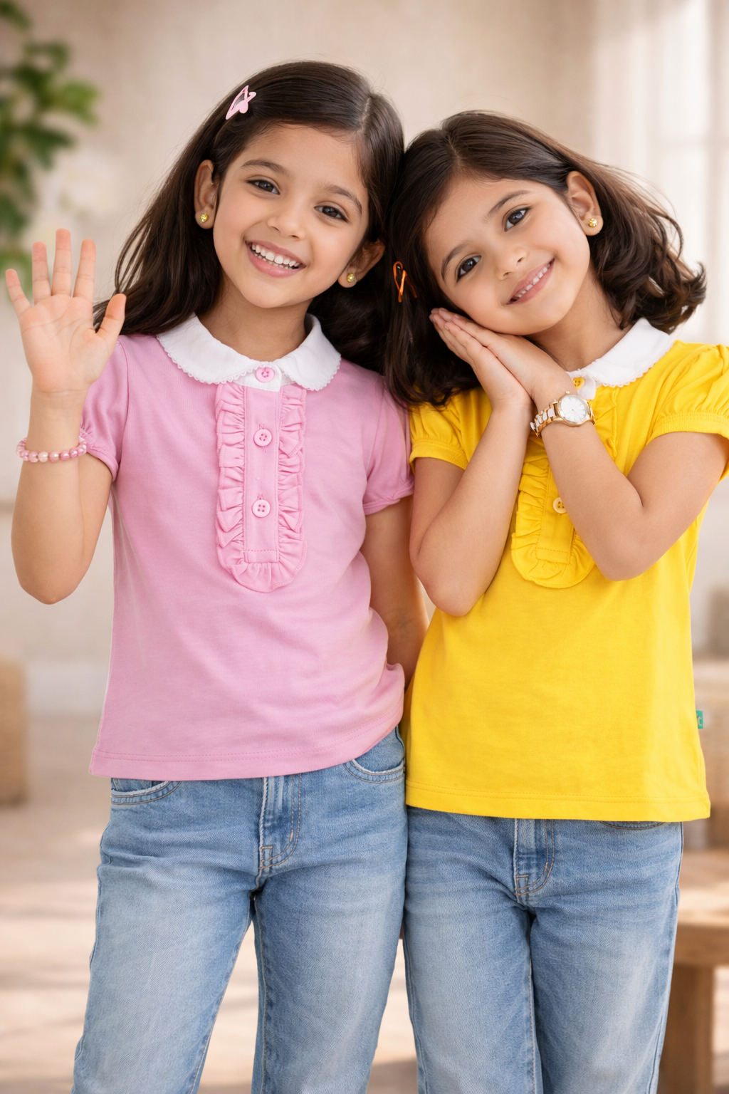 Girls Puff Sleeve Collar Top with Frill Placket – Pink / Yellow