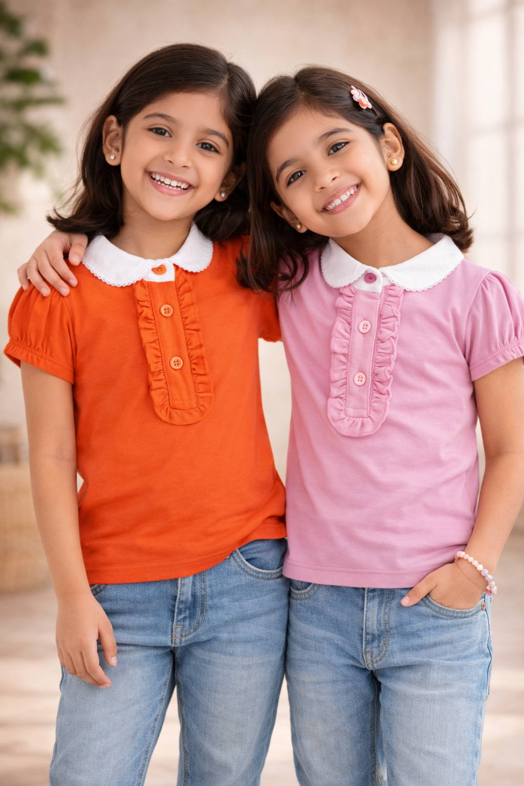 Baby Girls Solid Cotton Top with Peter Pan Collar & Front Ruffle Detailing