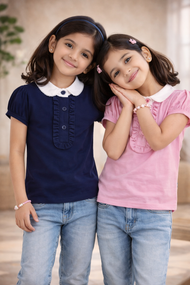 Baby Girls Solid Cotton Collared Top with Ruffle Placket & Puff Sleeves