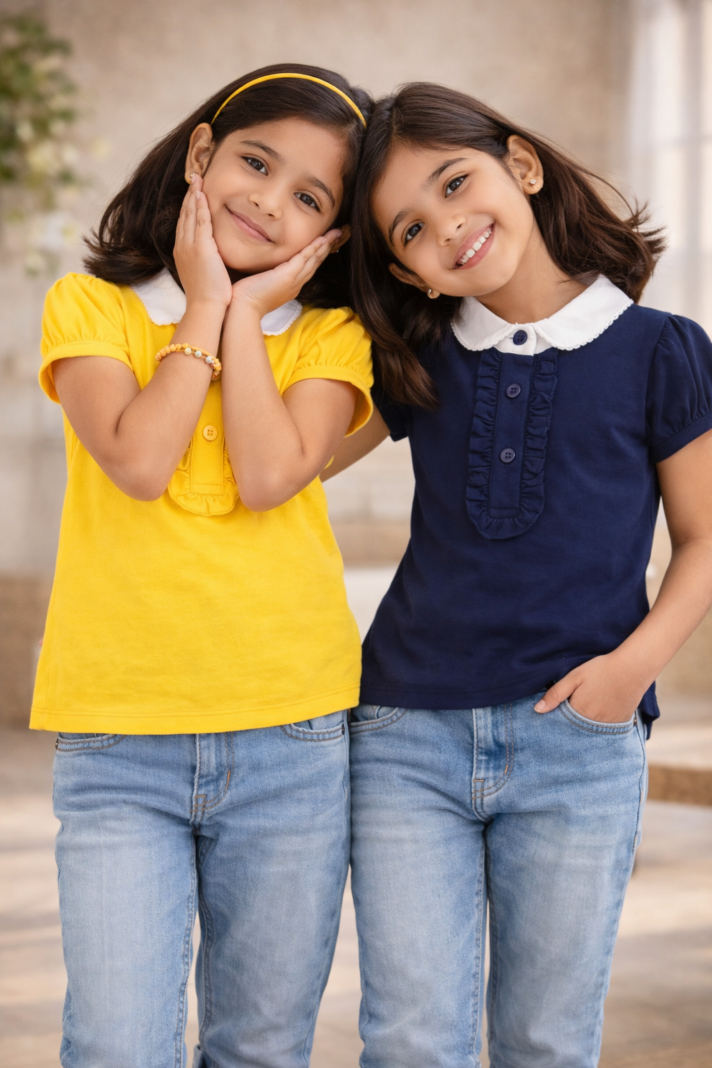 Baby Girls Cotton Collared Top – Ruffle Detail, Half Sleeves (Yellow & Navy Blue)