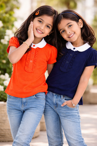 Baby Girls Cotton Collared Top – Ruffle Detail, Half Sleeves (Orange & Navy Blue)