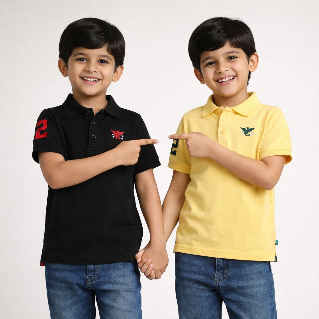 Boys' Pack of 2 Polo T-Shirts – Black & Yellow with Embroidered Logo