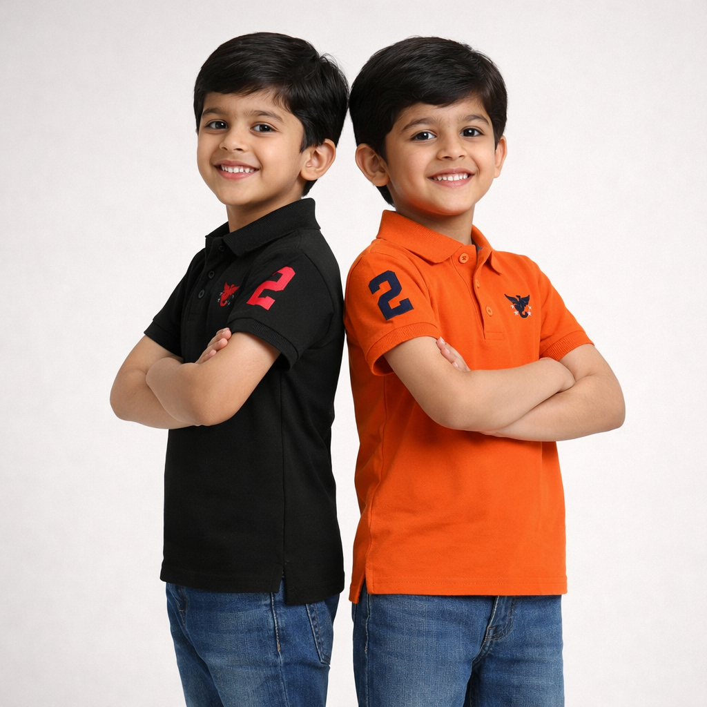 Boys' Pack of 2 Polo T-Shirts – Black & Orange with Embroidered Logo