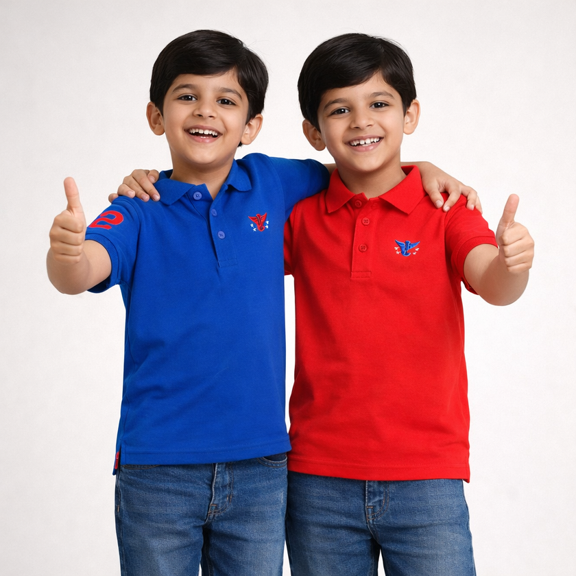 Boys' Pack of 2 Polo T-Shirts – Blue & Red with Embroidered Logo
