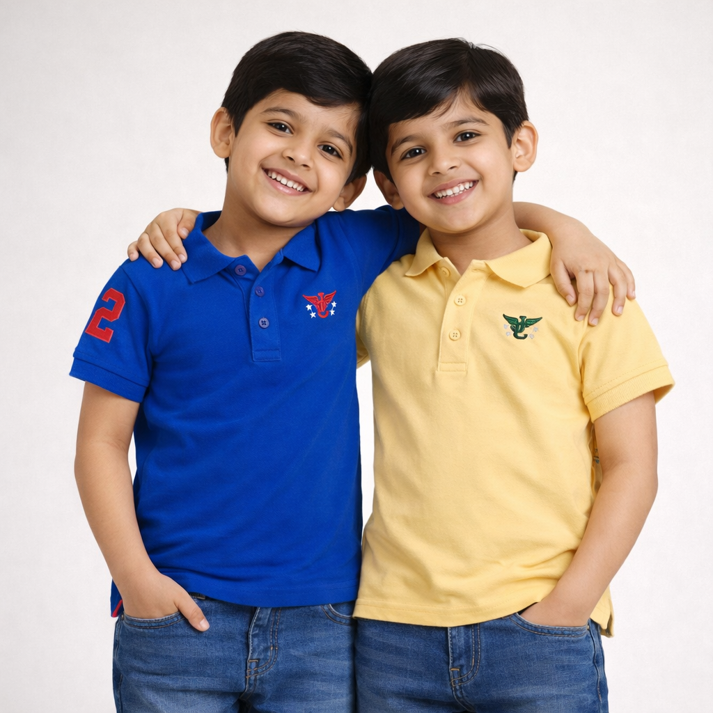 Boys' Pack of 2 Polo T-Shirts – Blue & Yellow with Embroidered Logo