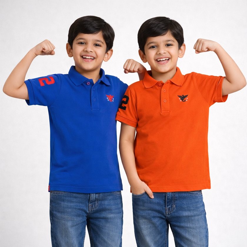 Boys' Pack of 2 Polo T-Shirts – Blue & Orange with Embroidered Logo