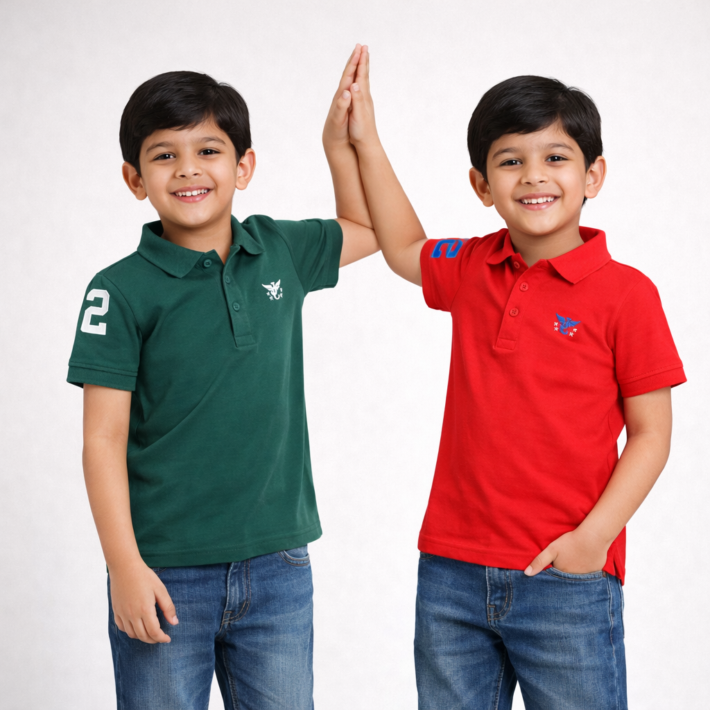 Boys' Pack of 2 Polo T-Shirts – Red & Green with Embroidered Logo