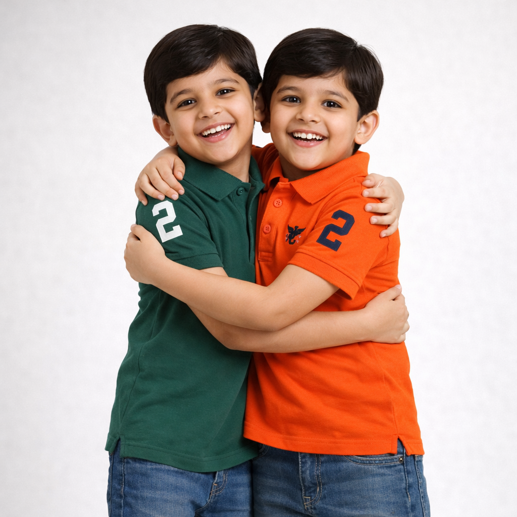 Boys' Pack of 2 Polo T-Shirts – Green & Orange with Embroidered Logo