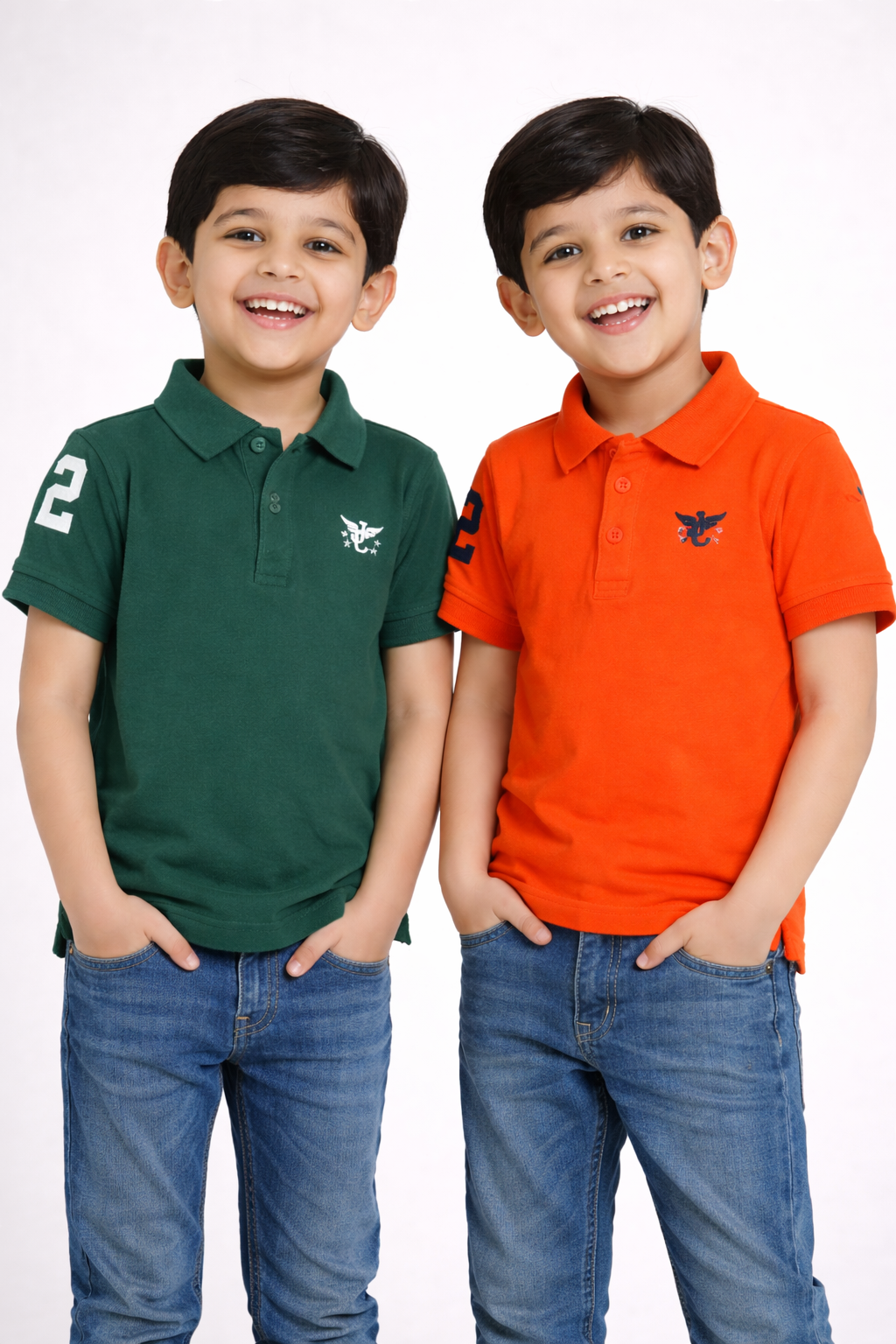 Boys' Pack of 2 Polo T-Shirts – Green & Orange with Embroidered Logo