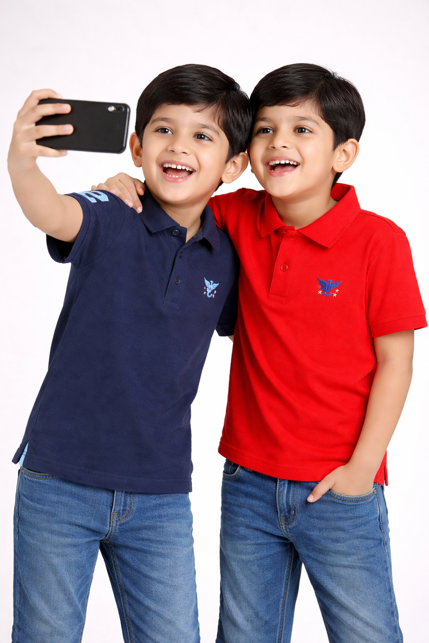 Boys' Pack of 2 Polo T-Shirts – Red & Navy with Embroidered Logo