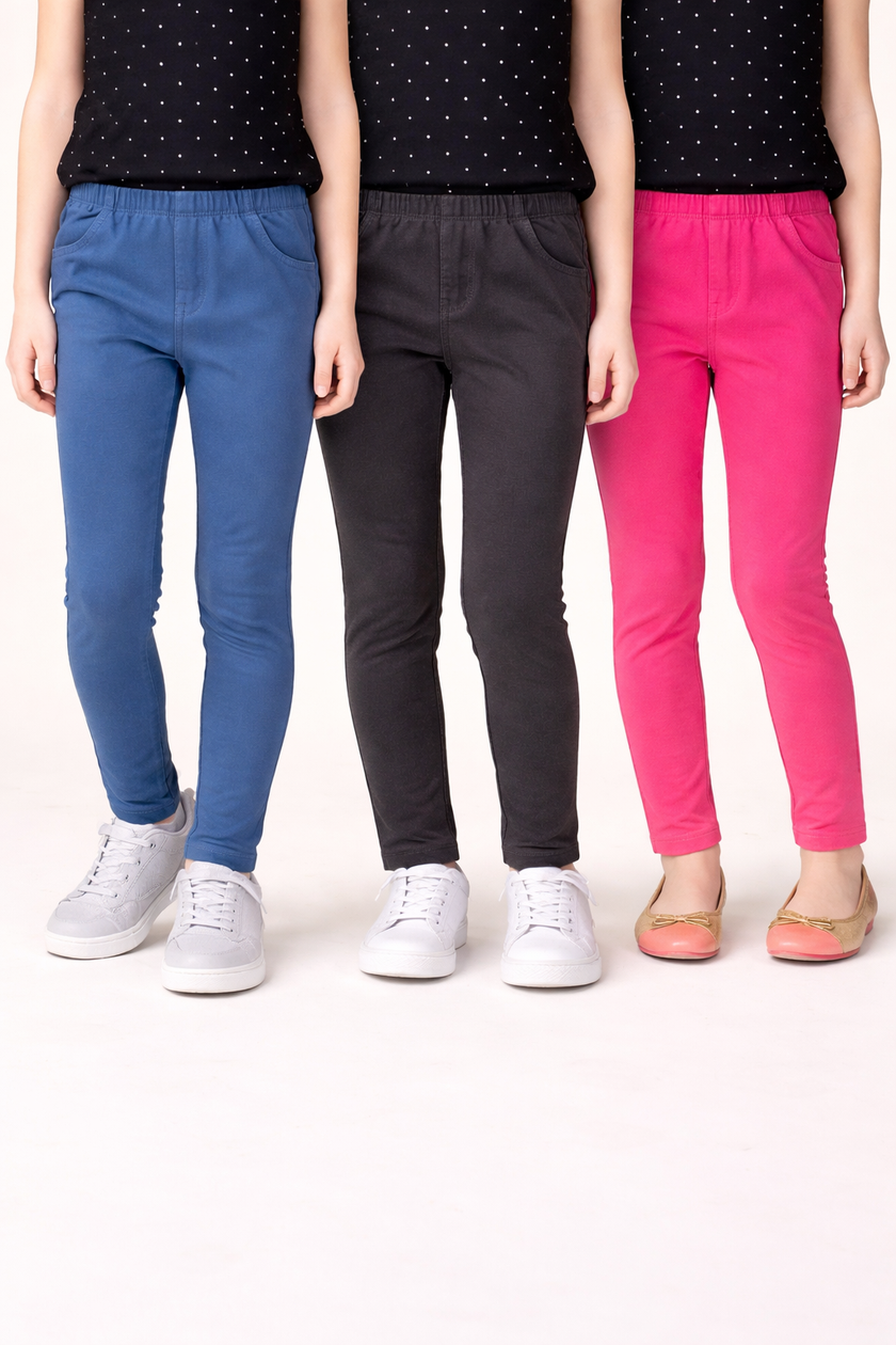"Girls' Cotton Jeggings - Pack of 3 (Blue, Black, Dark Fushia) - Soft & Stretchable Everyday Wear"