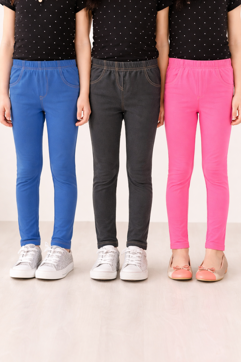 "Girls' Cotton Jeggings - Pack of 3 (Blue, Black, Pink) - Stretchable & Comfortable Fit"