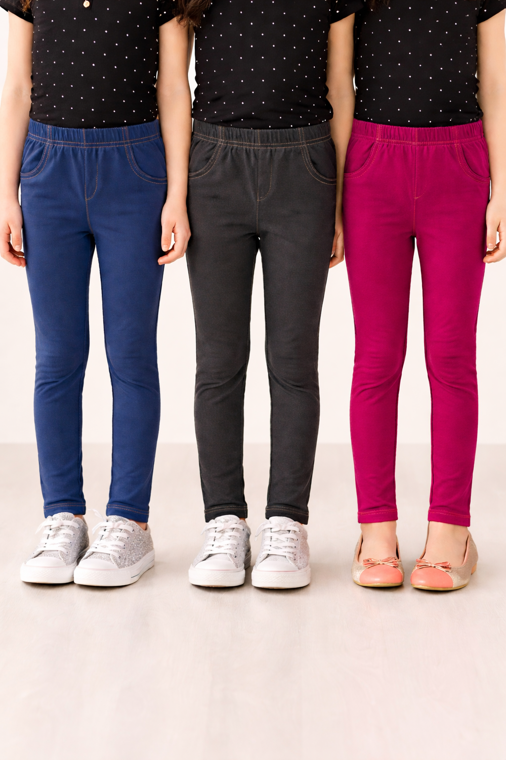 "Girls' Cotton Blend Jeggings - Pack of 3 (Navy Blue, Black, Dark Fushia ) - Soft, Stretchable & Everyday Wear"