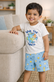 “Baby Boys White Graphic T-Shirt with Printed Blue Shorts Set"