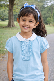 "Girls Sky Blue Collar Neck Top with Ruffle Detail & Front Frill"
