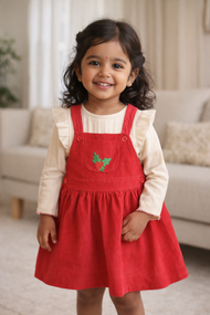"Baby Girls Red Pinafore Dress Set with Full Sleeve Cream Inner T-shirt"
