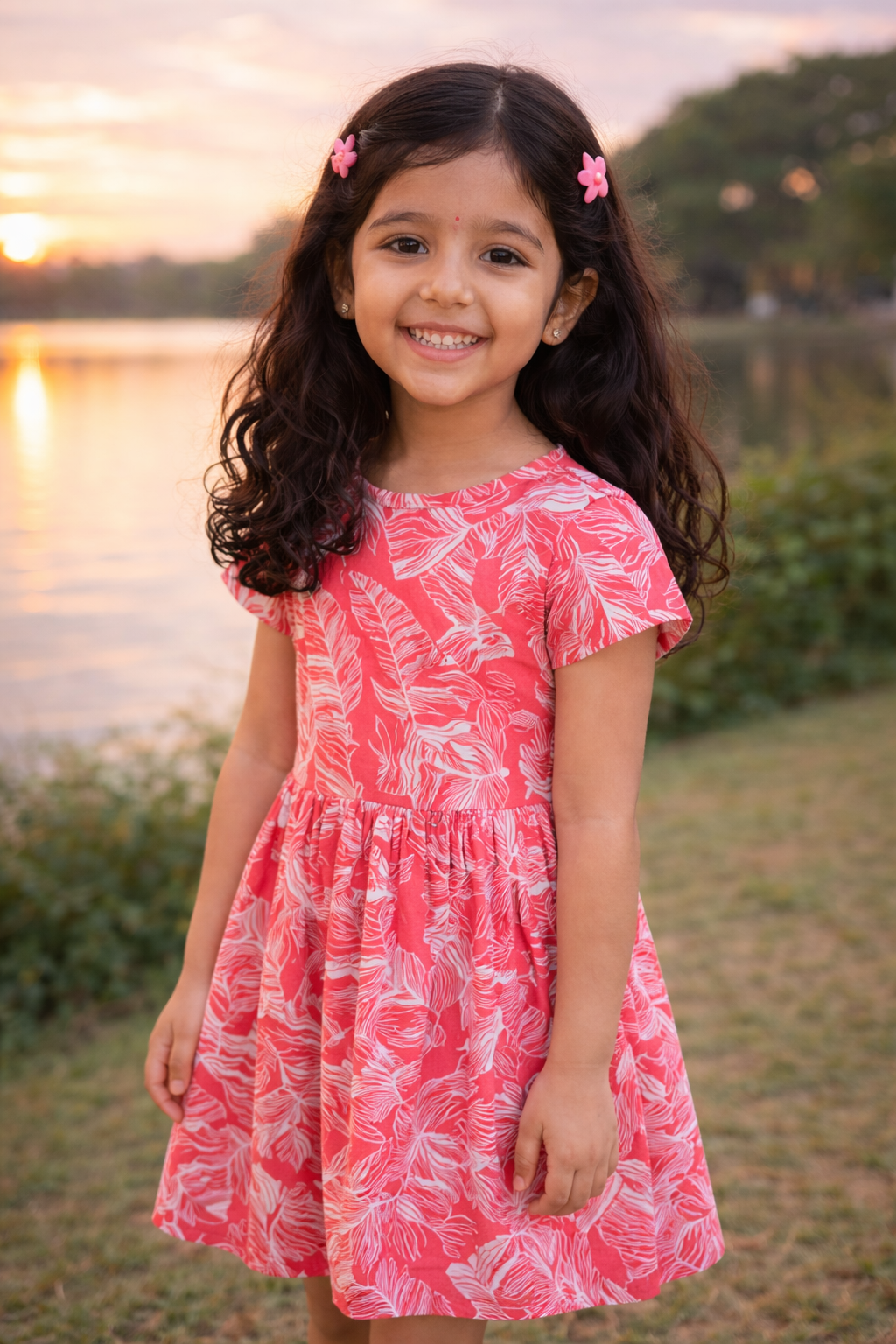 "Girls Red Leaf Print Dress with Button & Frill Detail – Short Sleeves"