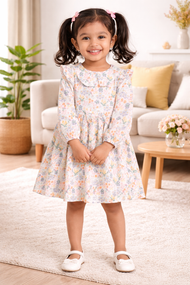 "Baby Girls Long Sleeve Floral Dress with Frill Sleeves & Bow"