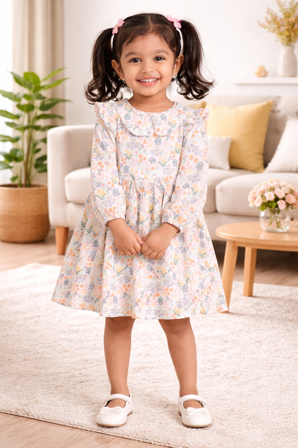"Baby Girls Long Sleeve Floral Dress with Frill Sleeves & Bow"