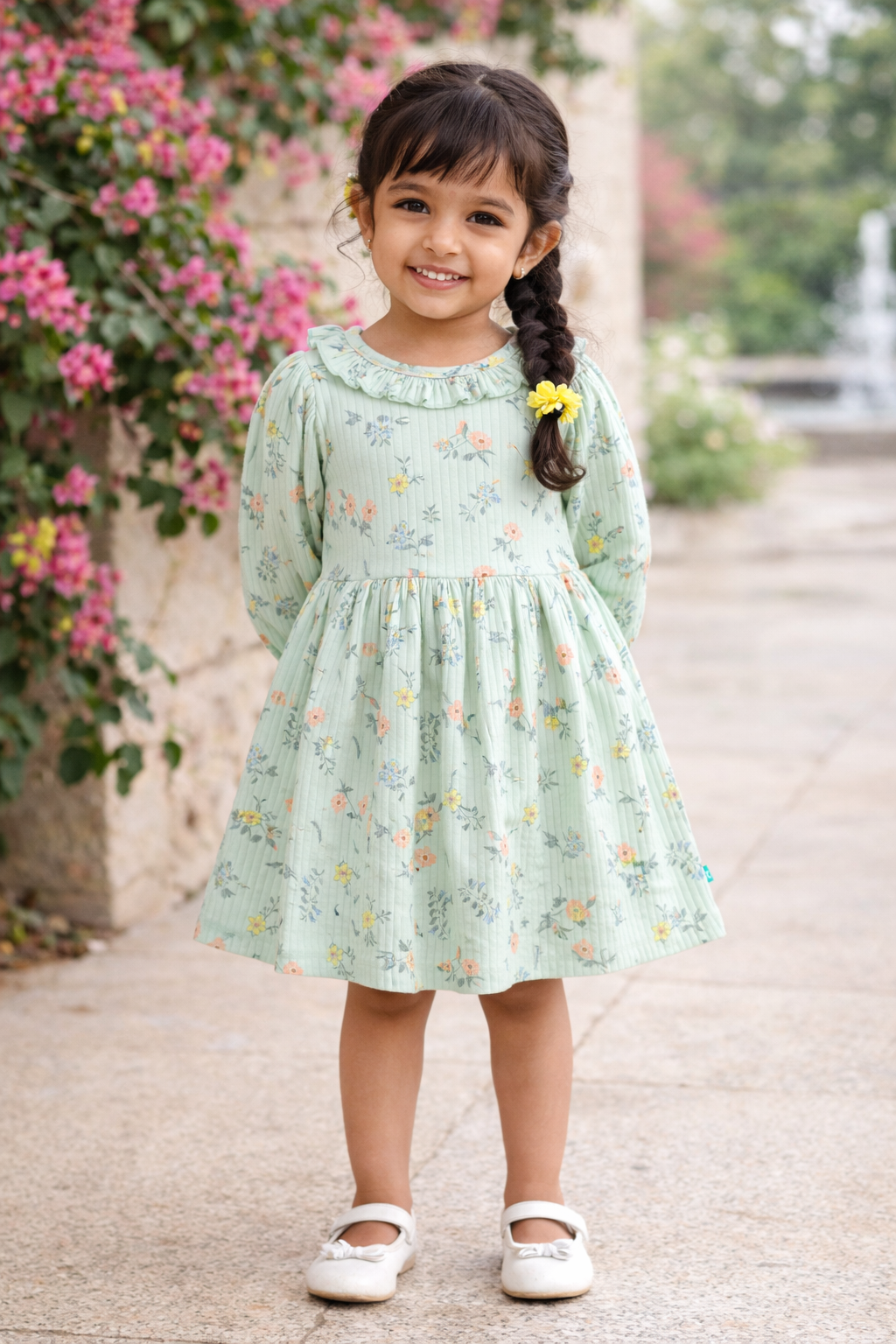 "Baby Girls Mint Green Floral Printed Rib Knit Dress – Long Sleeve"