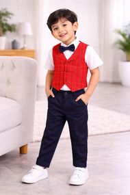 "Baby Boys Smart Party Outfit – Red Checks Waistcoat with White Shirt"