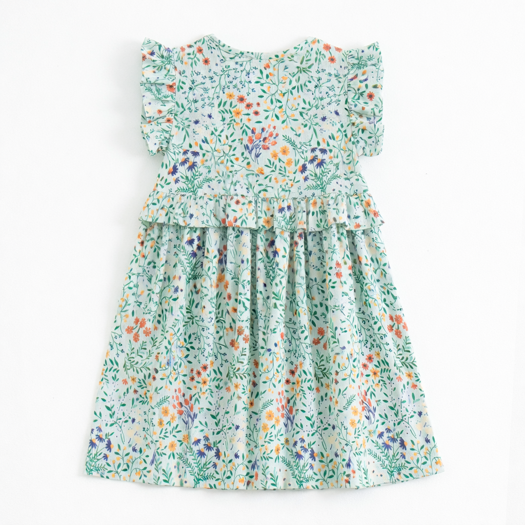 "Girls Mint Green Floral Printed Cotton Dress with Ruffle Sleeves"