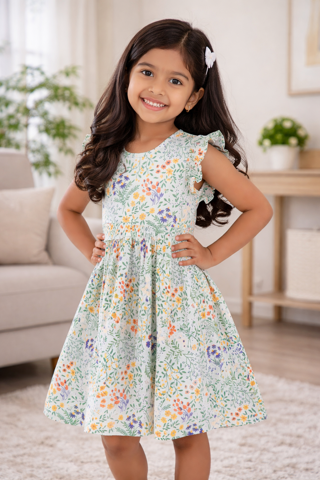 "Girls Mint Green Floral Printed Cotton Dress with Ruffle Sleeves"