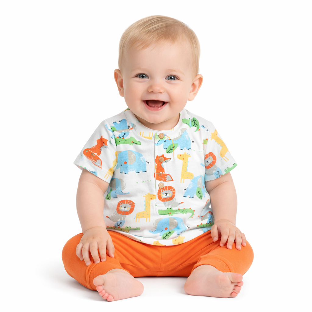 "Baby Boys Cotton Animal Print T-Shirt & Orange Jogger Set – Comfortable Daily Wear Outfit"