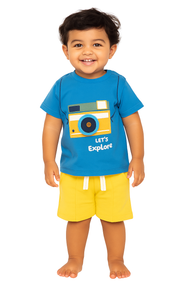 "Baby Boys Stylish Camera Graphic Blue T-shirt with Matching Yellow Shorts"