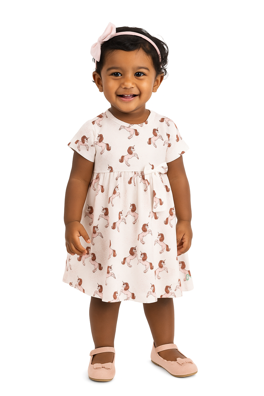 "Baby Girls Cream Unicorn Print Cotton Dress with Bow – Short Sleeve"