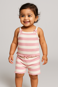 "Baby Girls' Pink & White Striped Ribbed Cotton Sleeveless  Camisole and Shorts Set"