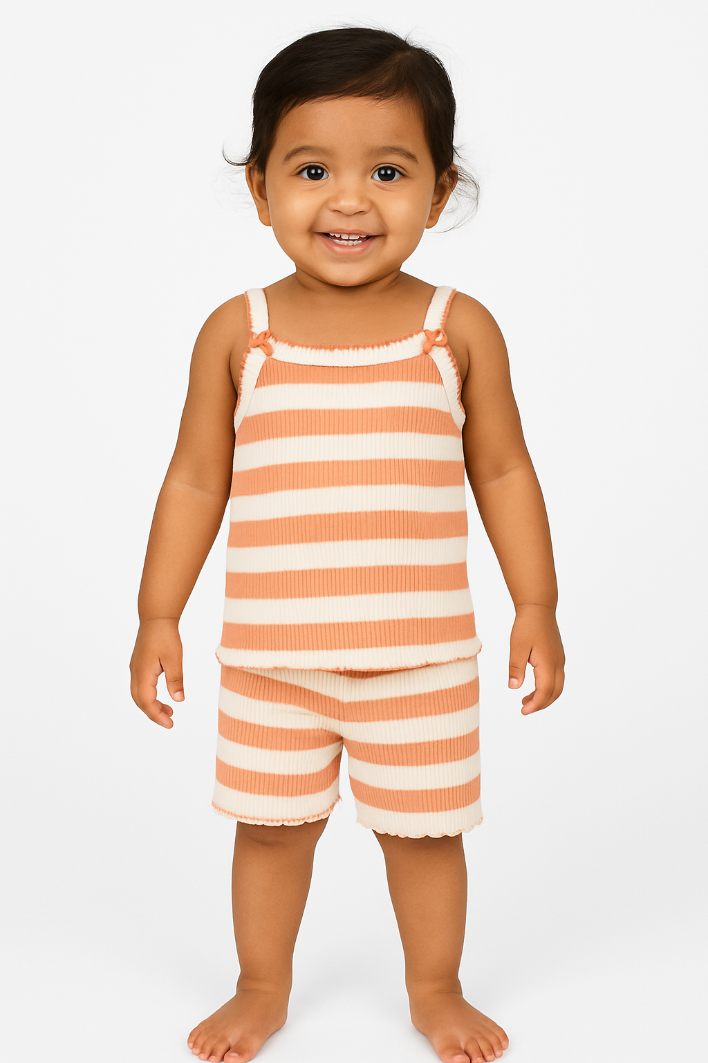 "Baby Girls' Orange & White Striped Ribbed Cotton Sleeveless Camisole and Shorts Set"
