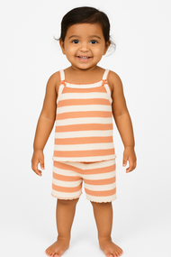 "Baby Girls' Orange & White Striped Ribbed Cotton Sleeveless Camisole and Shorts Set"
