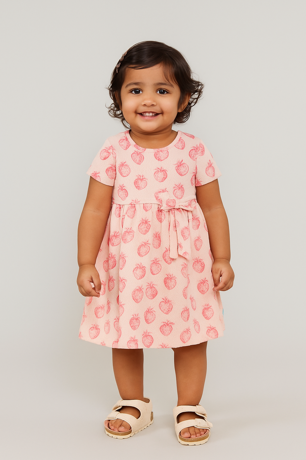 "Baby Girls Pink Strawberry Print Cotton Dress with Bow – Short Sleeve"