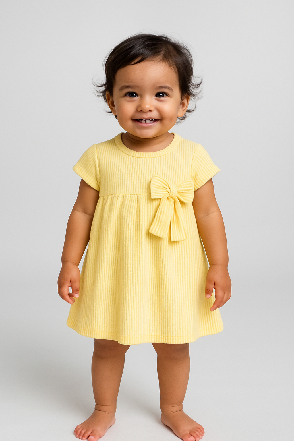"Baby Girls Yellow Striped Cotton Dress with Bow – Short Sleeve Casual Wear"