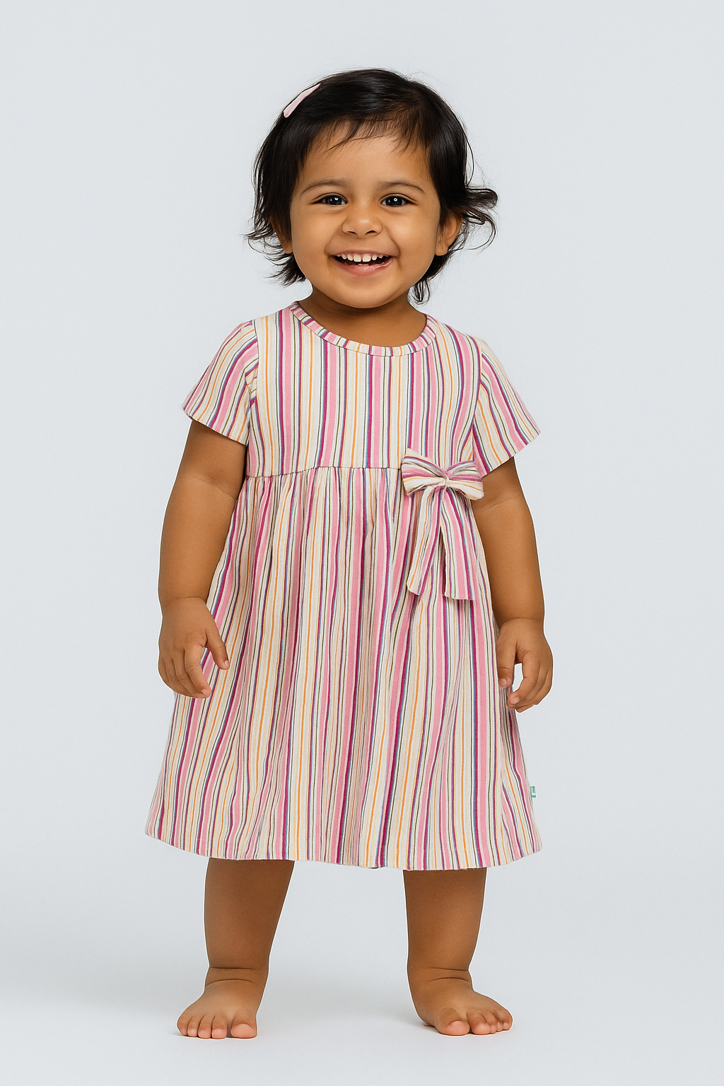 "Baby Girls Multicolor Striped Cotton Dress with Bow – Short Sleeve Casual Wear"