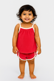 "Baby Girls' Red Terry Cotton Camisole and Shorts Set with Contrast Trim"
