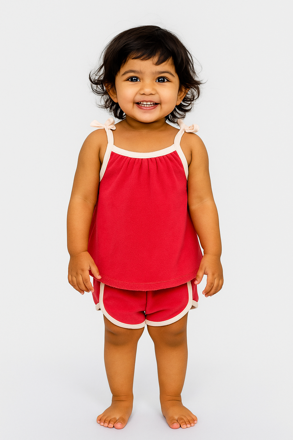 "Baby Girls' Red Terry Cotton Camisole and Shorts Set with Contrast Trim"