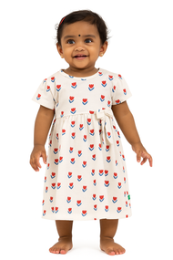 "Baby Girls Cream Tulip Print Cotton Dress with Bow – Short Sleeve"