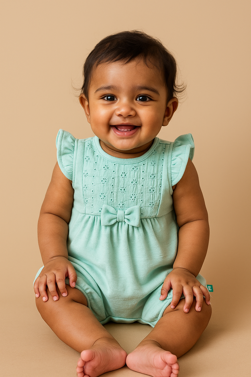 "Baby Girls Mint Green Cotton Romper with Embroidered Yoke & Bow – Flutter Sleeves"