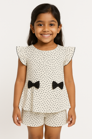 "Girls' Polka Dot Top with Ruffle Sleeves and Black Bow Accents – White & Black"