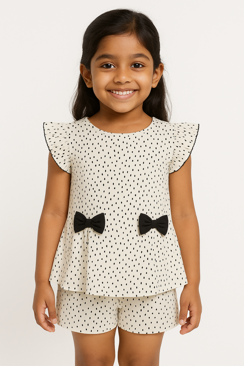 "Girls' Polka Dot Top with Ruffle Sleeves and Black Bow Accents – White & Black"