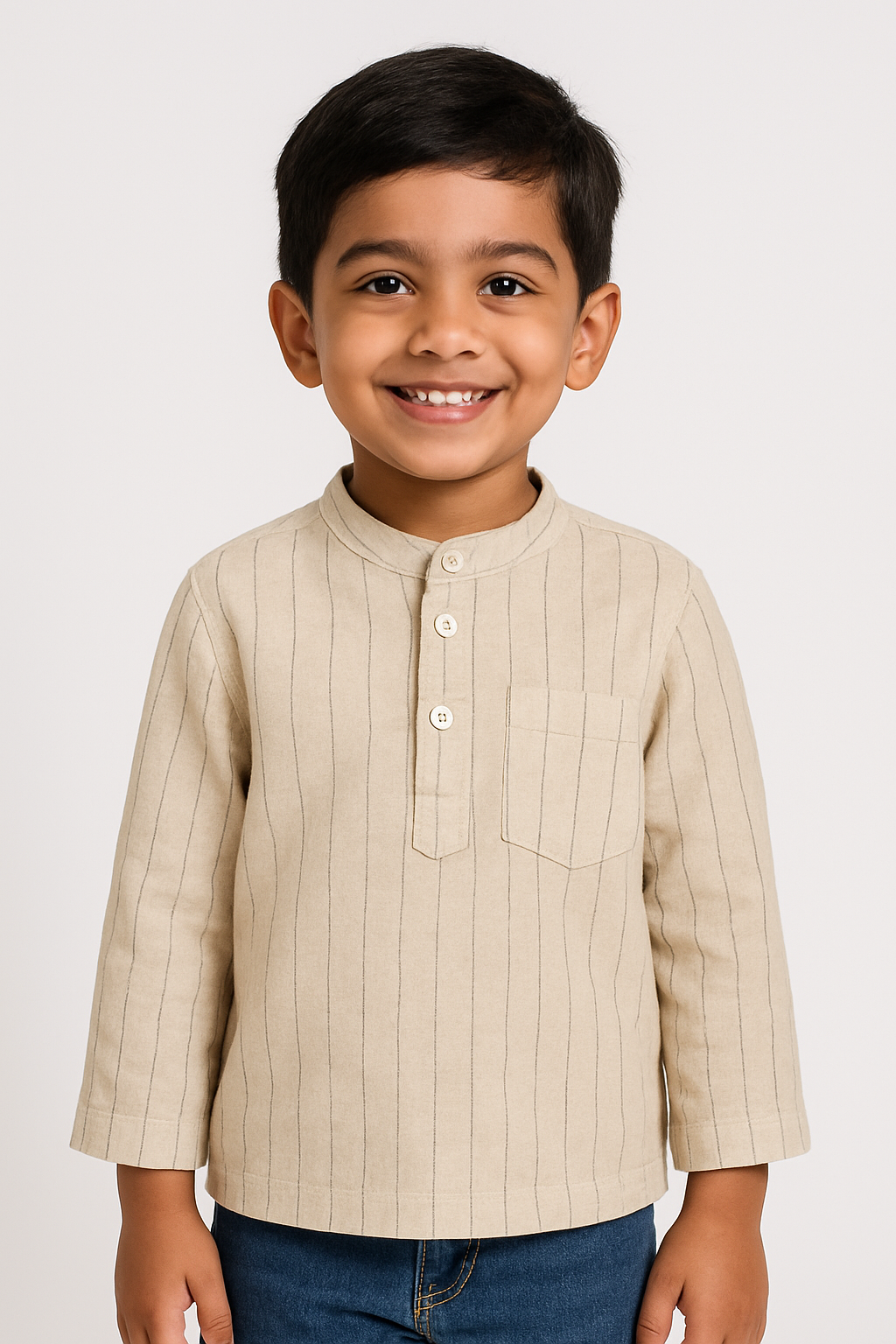 "Boys Beige Striped Cotton Shirt with Mandarin Collar – Full Sleeves"
