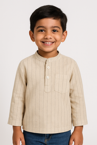 "Boys Beige Striped Cotton Shirt with Mandarin Collar – Full Sleeves"