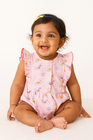 "Baby Girls' Pink Ruffled with Bunny & Veggie Print – Soft Cotton Bodysuit"