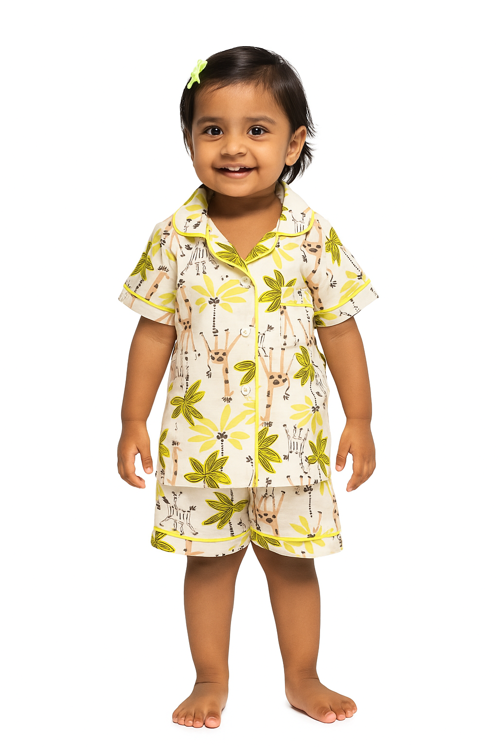 "Baby Girls Giraffe & Palm Print Cotton Night Suit – Short Sleeves Top & Shorts Set"