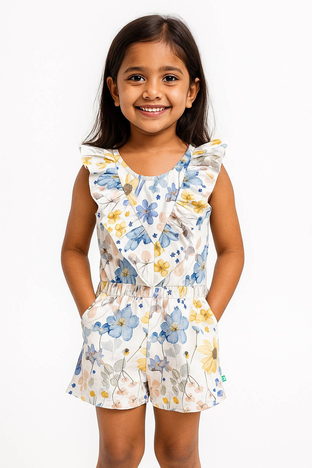 "Girls' Cotton Frill Neck Playsuit with Multicolor Floral Design - Soft Cotton, Ruffle Sleeves